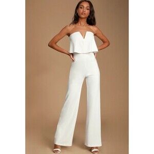 Lulus Jumpsuit M White Power of Love Strapless‎ Wide Leg Feminine Night Out